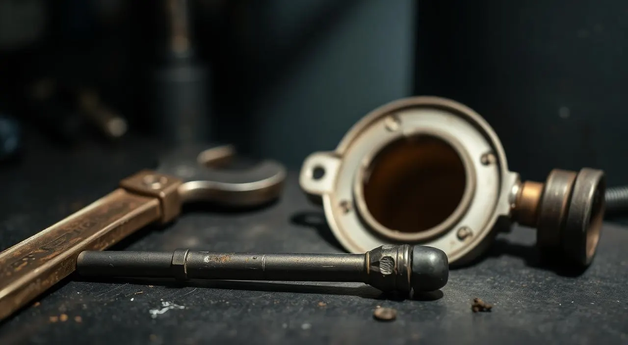 Corroded magnesium anode rod next to a wrench and water heater access port, water heater anode rod swap guide for Marietta