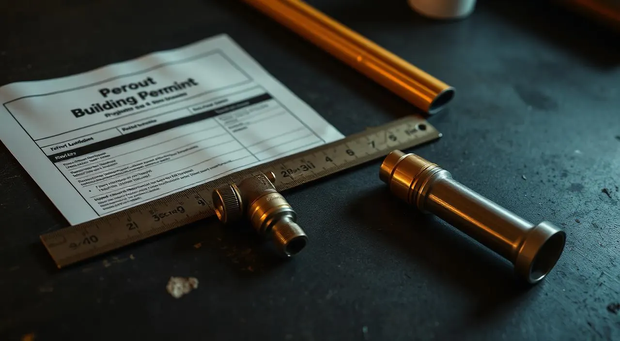 Building permit document with a brass T&P valve and CPVC pipe on a workbench, Marietta plumbing codes for water heaters