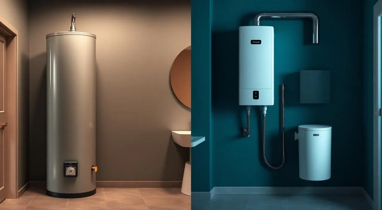 Side-by-side comparison of a traditional tank water heater and a wall-mounted tankless unit for Marietta homes