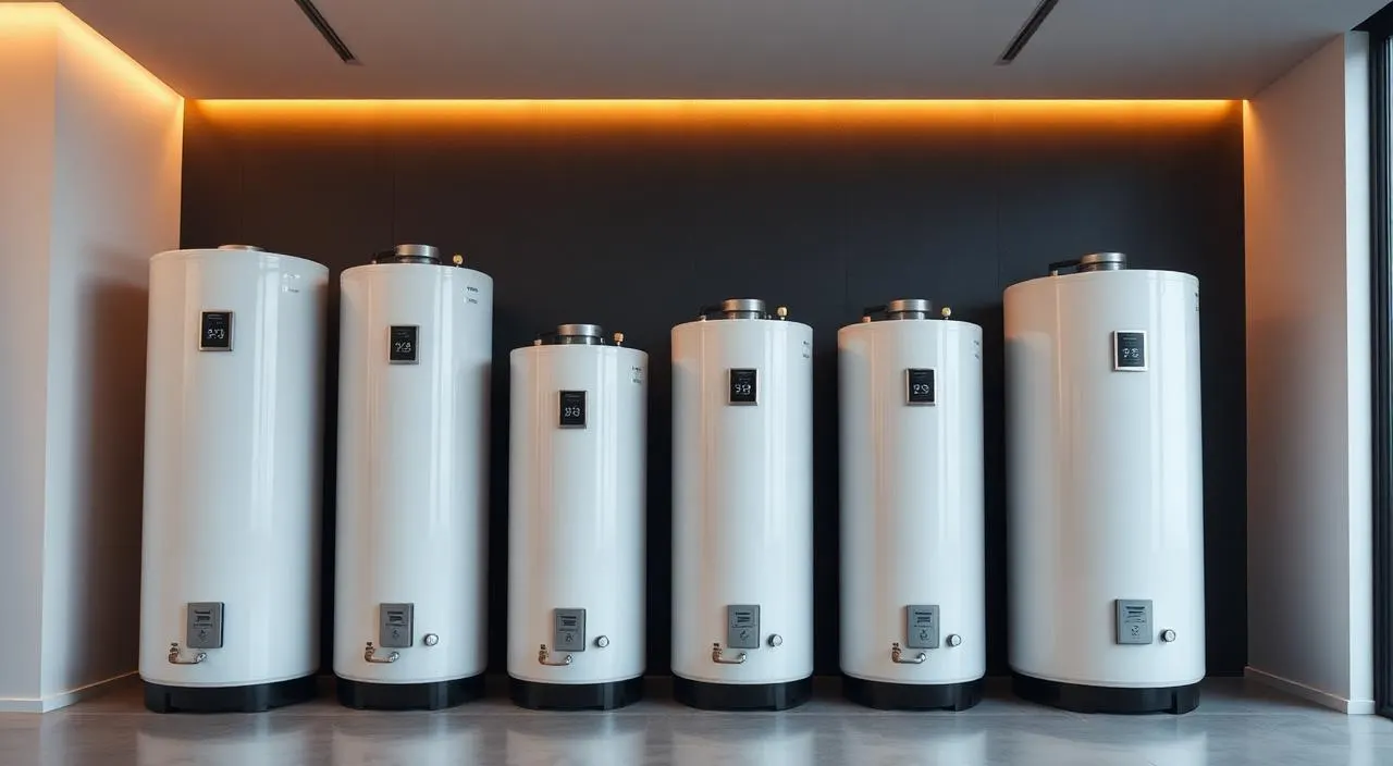 Row of residential water heater tanks in escalating sizes, water heater sizing guide for Marietta, GA homes