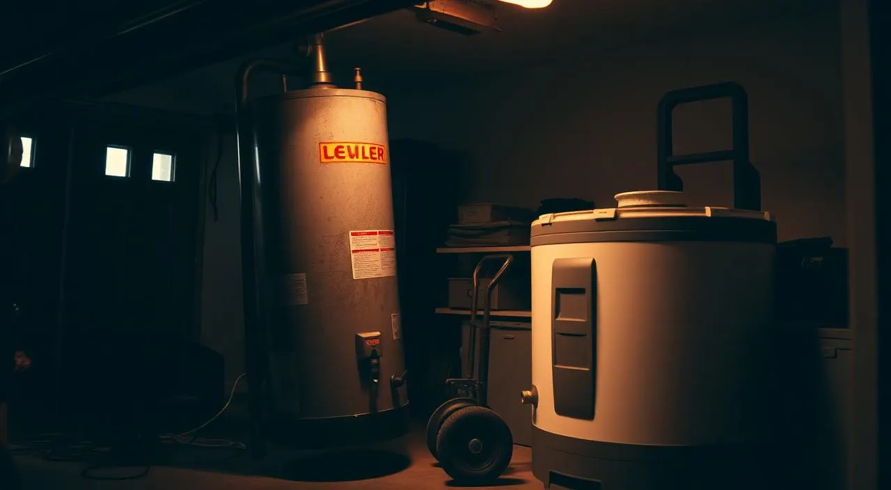 Old water heater being removed beside a new replacement unit in a Marietta basement, when to replace your water heater